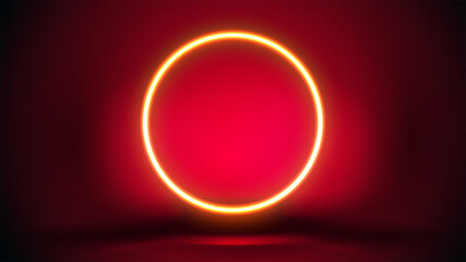 Dark red scene with large yellow neon ring.