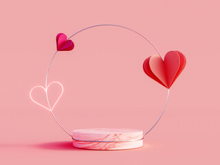 Valentine's day mock up podium with heart decoration on pink background 3D Rendering, 3D...