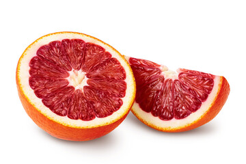 Blood red oranges half and slice isolated on white background with clipping path and full depth of field