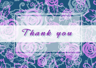 Thank you - phrase. Calligraphy hand drawing lettering on blue Background of pink roses
