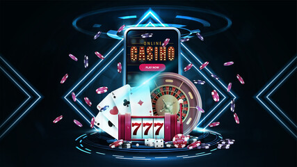 Online casino, banner with smartphone, casino slot machine, Casino Roulette, playing cards and poker chips in dark scene with neon rhombus frames and hologram of digital rings