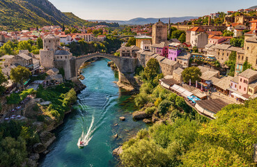 View of the old bridge in Mostar, Bosnia and Herzegovina  - obrazy, fototapety, plakaty