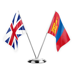 Two table flags isolated on white background 3d illustration, great britain and mongolia