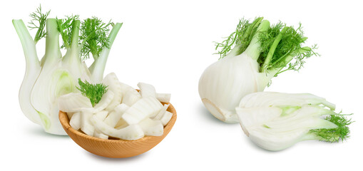 fresh fennel bulb half isolated on white background with clipping path and full depth of field