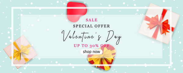 Valentine's day banner with snow and gift boxes on blue background. For web banners, cards, advertisements. Winter banner. Vector Happy Valentine's Day background. 