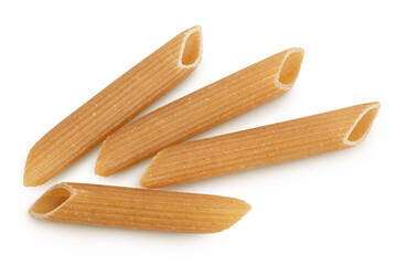 Wolegrain penne pasta from durum wheat isolated on white background with clipping path and full depth of field. Top view. Flat lay,