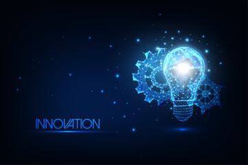 Futuristic innovation technologies concept with glowing low polygonal light bulb and gears