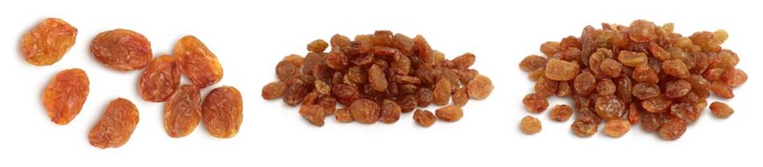 Brown raisin isolated on white background with clipping path. Top view. Flat lay. Set or collection