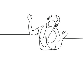 cheerful woman listening to song with headphones drawing concept