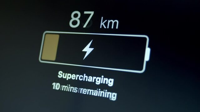 Super Fast Charging Progress in KM Of EV Electric Car Battery On Dashboard Panel
