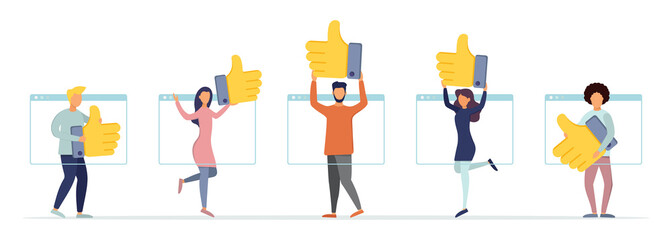 Fototapeta premium Best performance score. People leave good online reviews for a product or service. Vector illustration. Flat style.