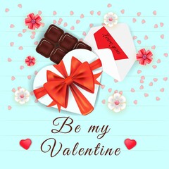 Blue banner with a gift box, chocolate, letter and flowers. Template for banners, posters, cards, invitations, advertisements.