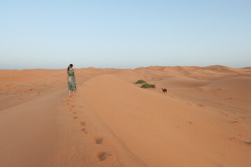 Fototapeta na wymiar Yellow, golden and arid desert view. Camel in hot Sahara. Caucasian Woman with green dress.