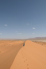 Vertival picture of a Yellow, golden and arid desert view. Camel in hot Sahara. Caucasian unrecognisable Woman with green dress.