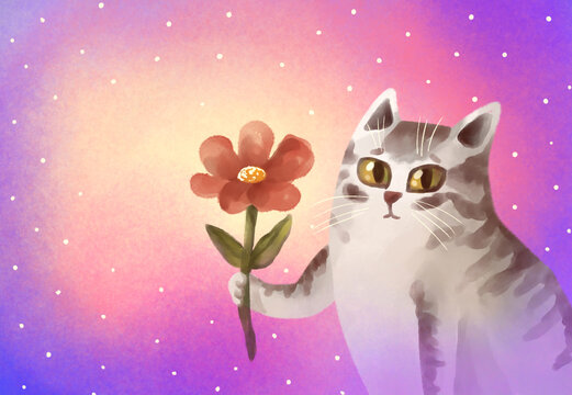 bright beautiful hand-drawn greeting card with copy space. the cat that holds the flower