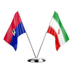 Two table flags isolated on white background 3d illustration, haiti and iran