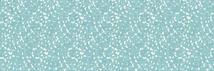 Aegean teal mottled border strip linen texture background. Summer coastal living style home decor fabric effect. Sea green wash grunge edge material. Decorative textile seamless pattern banner. 