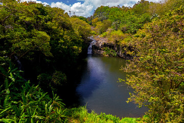 Naklejka na ściany i meble Aerial view of a waterfall hidden in a forest which is located near an old factory in Mauritius