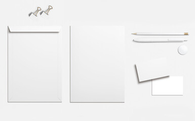 Office stationery set, envelope, sheet, business cards, pencil, pen and hooks. Mockup design.