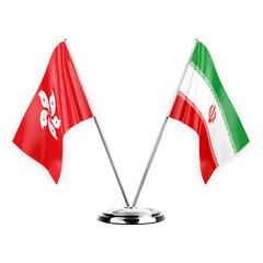 Two table flags isolated on white background 3d illustration, hong kong and iran