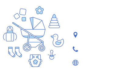 Baby store visit or discount card outline design template. Thin line identity on white background. Kids diaper, stroller, nutrition accessories. Business contact, mobile phone web vector illustration.