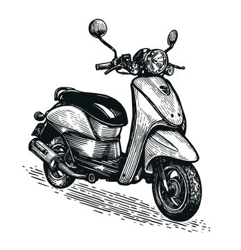 Hand drawn sketch of scooter. Retro motorcycle isolated on white background. Detailed vintage etching style drawing