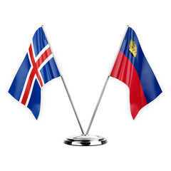 Two table flags isolated on white background 3d illustration, iceland and liechtenstein
