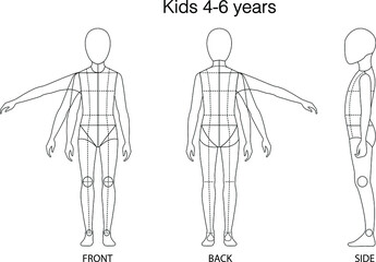 Kids (4-6years) figure: Front, Back, and side view. 
Fashion figure template for technical drawing with style lines