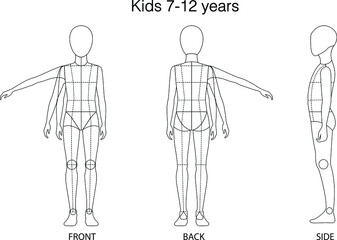 KIDS (7-12 years) figure: Front, Back, and side view. 
Fashion figure template for technical drawing with style lines.
