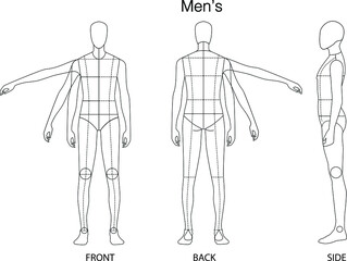 MEN'S fashion figure: Front, Back, and side view. 
Fashion figure template for technical drawing with style lines.
