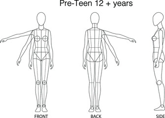 Pre-teen (12+years) figure : Front, Back and side view. 
Fashion figure template for technical drawing with style lines.