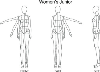 Woman's(junior) fashion figure: Front, Back, and side view. 
Fashion figure template for technical drawing with style lines. 