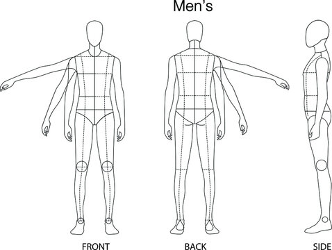 MEN'S fashion figure: Front, Back, and side view. 
Fashion figure template for technical drawing with style lines.