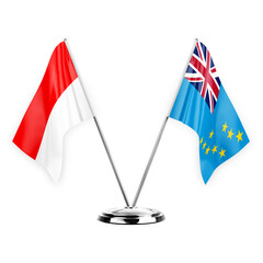 Two table flags isolated on white background 3d illustration, indonesia and tuvalu