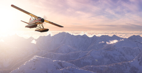 Fototapeta na wymiar Seaplane Flying over the Rocky Mountain Landscape. Adventure Composite. 3D Rendering Airplane. Aerial Background from British Columbia near Vancouver, Canada.