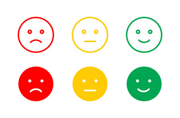 Feedback emoticons scale. Flat cartoon illustration with emoji happiness level.