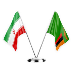 Two table flags isolated on white background 3d illustration, iran and zambia