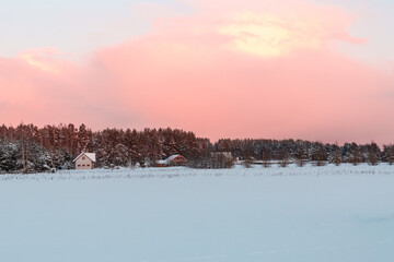 Winter calendar evening landscape with sunset, snowy field, forest and small village