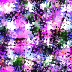 Messy summer tie dye batik beach wear pattern. Seamless colourful stain space dyed effect fashion. Washed out soft furnishing background. 