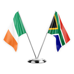 Two table flags isolated on white background 3d illustration, ireland and south africa