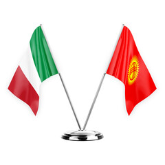 Two table flags isolated on white background 3d illustration, italy and kyrgyzstan