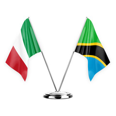 Two table flags isolated on white background 3d illustration, italy and tanzania