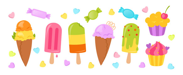 Ice cream cartoon set. Muffin, lollipop, ice creams cone vanilla fruit, berry ice lolly. Kawaii summer collection colorful sweet food. Isolated dessert vector illustration