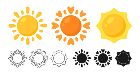 Sun icon weather set. Line, silhouette cartoon suns, symbol weather element. Graphic hand drawn meteorological infographics sign. Funny childish sunny nature weather collection vector illustration