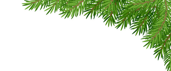 Christmas green coniferous fir tree pine realistic dark and light background with white space with different branches. Place for website header, headline, congratulatory words. Vector illustration - obrazy, fototapety, plakaty