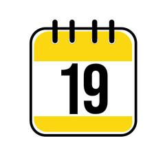 Calendar day 19. Number nineteen on a white paper with yellow border on white background. Vector ilustration.