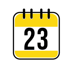 Calendar day 23. Number twenty three on a white paper with yellow border on white background. Vector ilustration.