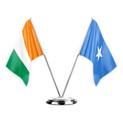 Two table flags isolated on white background 3d illustration, ivory coast and somalia