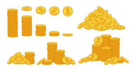 Gold coin pile cartoon style set. Neat money piles, various bunche gold coins heap. Mountain currency icons. Pennies hundreds bunches, cash, accumulation finance bank. Isolated vector illustration - obrazy, fototapety, plakaty