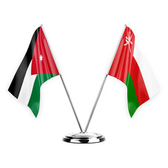 Two table flags isolated on white background 3d illustration, jordan and oman